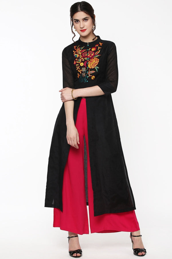 Women's Black Embroidered Front & Side Slit Kurta - SHAE