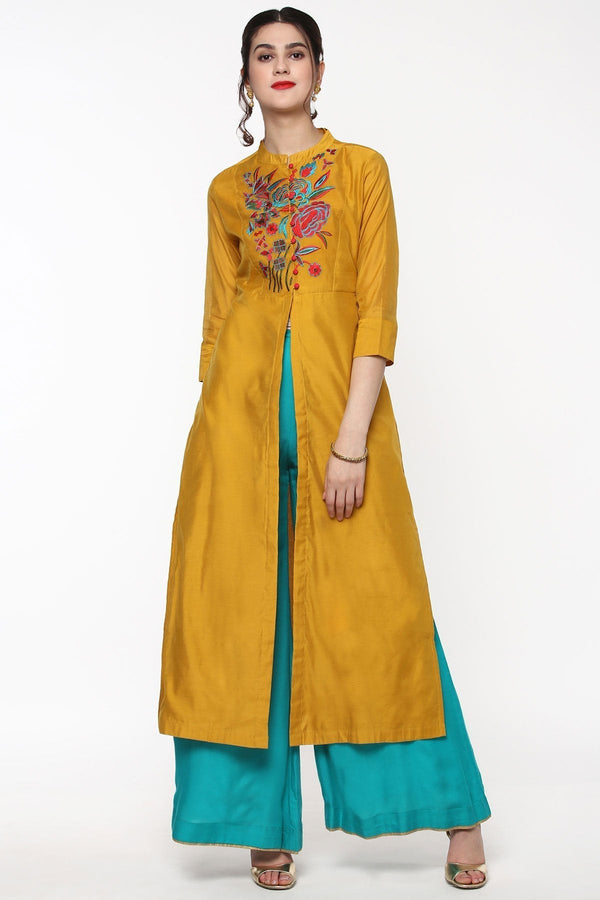 Women's Mustard Embroidered Front & Side Slit Kurta - SHAE