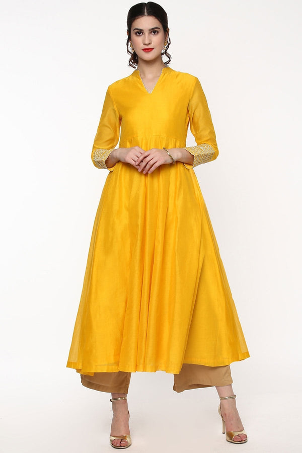 Women's Yellow Anarkali Kurta With Gota Lace On Cuff - SHAE