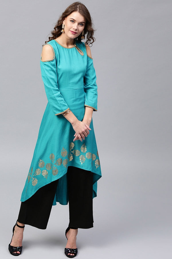 Women's Foil Print Cold Shoulder High Low Blue Kurta - SHAE