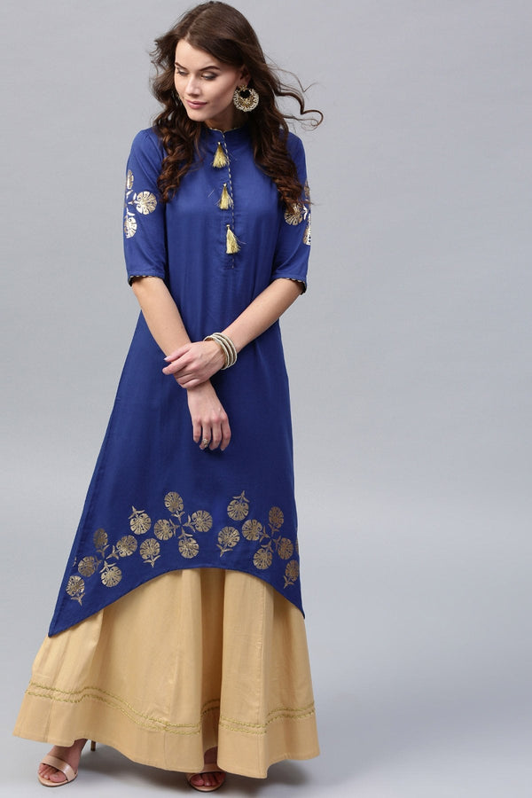 Women's Foil Print Dipped Hem Blue Kurta - SHAE