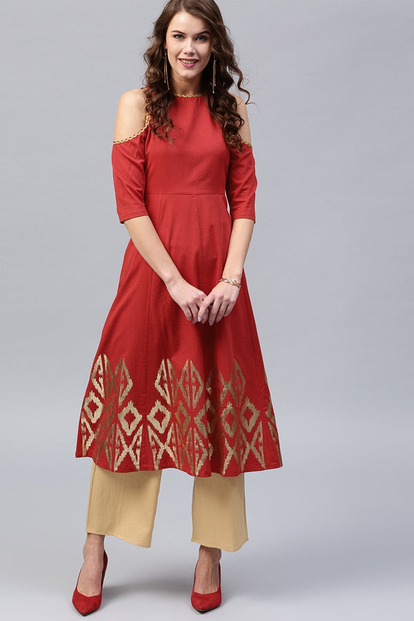 Women's Ikat Foil Cold Shoulder Red Anarkali - SHAE