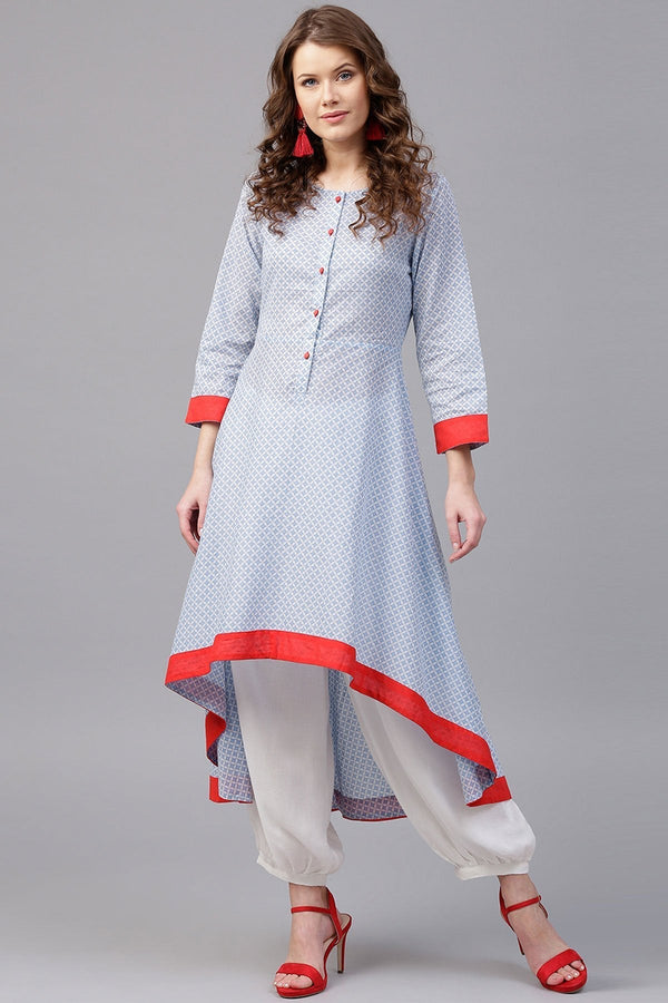 Women's Blue Diamond Printed High Low Kurta - SHAE