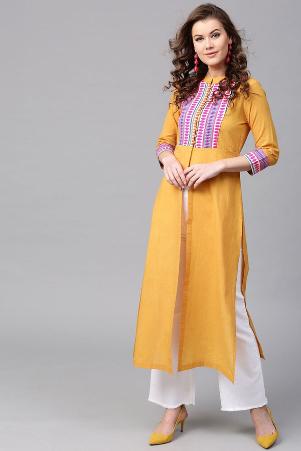 Women's Mustard Jacquard Yoke Straight Kurta - SHAE