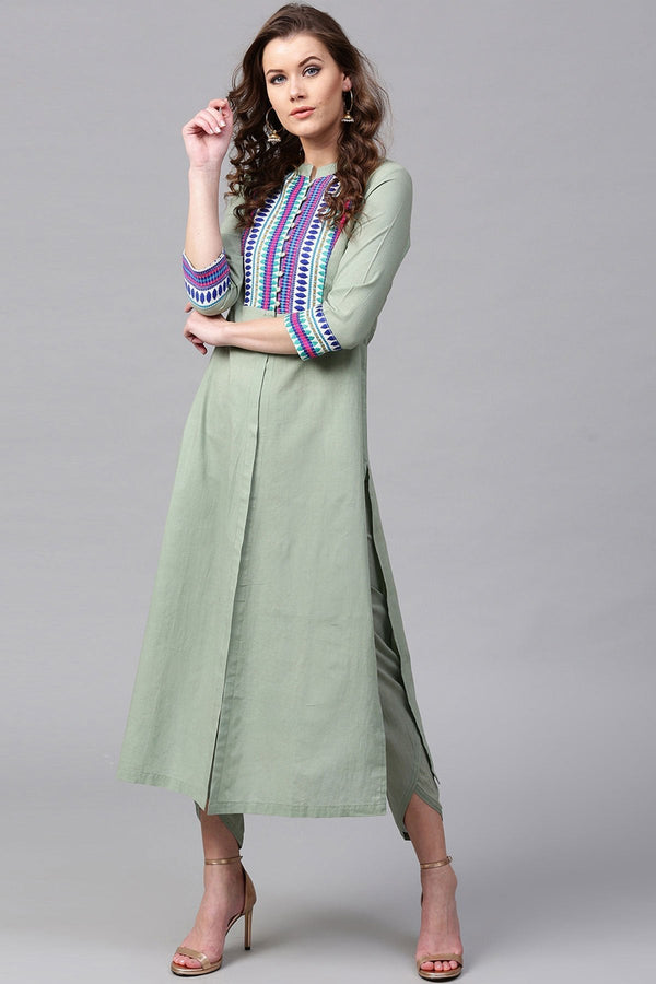 Women's Olive Jacquard Yoke Straight Kurta - SHAE