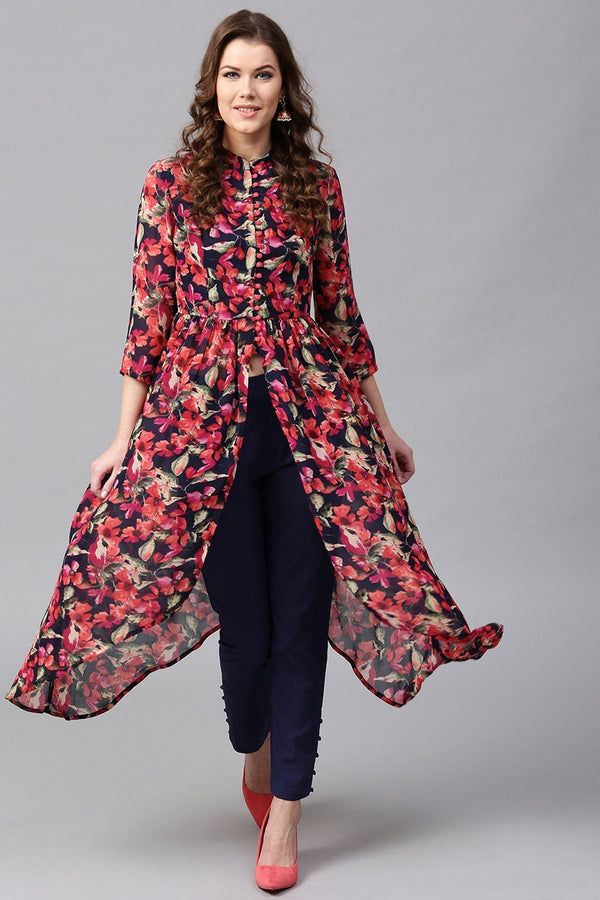 Women's Navy Red Floral Asymmetrical Kurta - SHAE