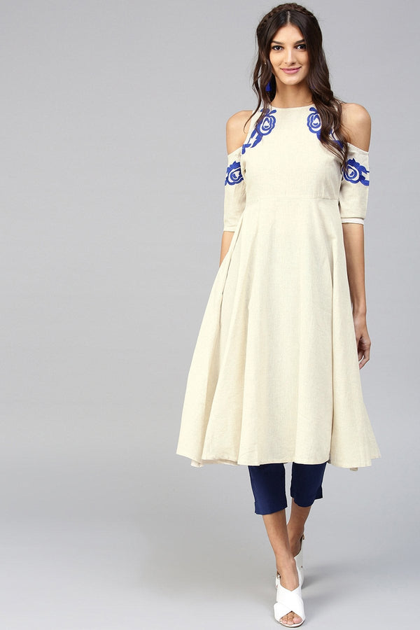 Women's Cold Shoulder Embroidered Off-White Anarkali - SHAE