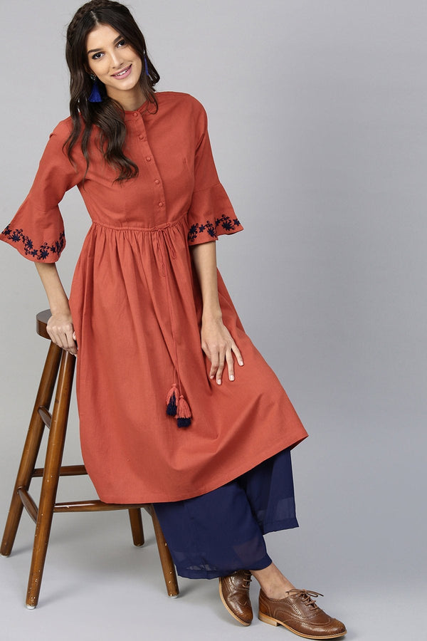 Women's Rust Drawstring Emb Bell Sleeves Kurta - SHAE