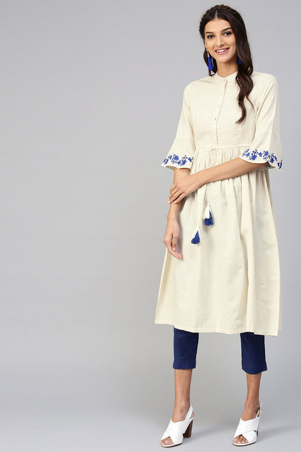 Women's Off-White Drawstring Emb Bell Sleeves Kurta - SHAE