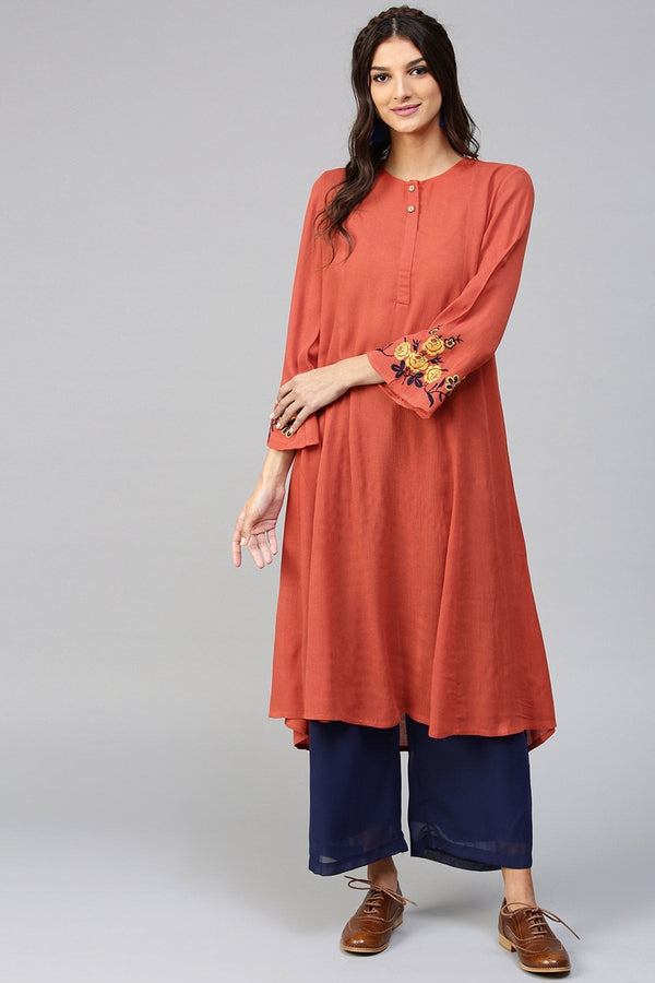 Women's Embroidered Sleeve Crinkled Rust Kurta - SHAE