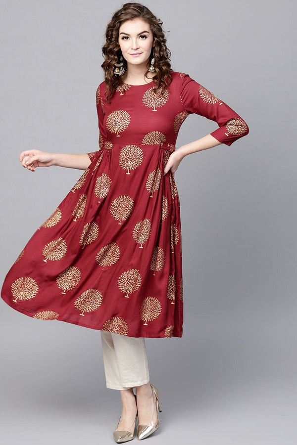 Women's Maroon Foil Printed Gathered Waist Kurta - SHAE