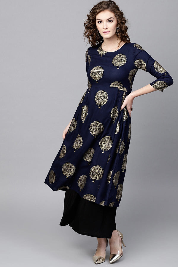 Women's Navy Foil Printed Gathered Waist Kurta - SHAE