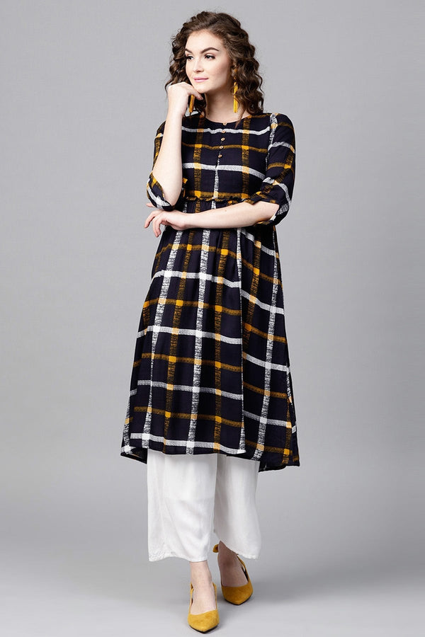 Women's Navy Check Gathered Waist Kurta - SHAE