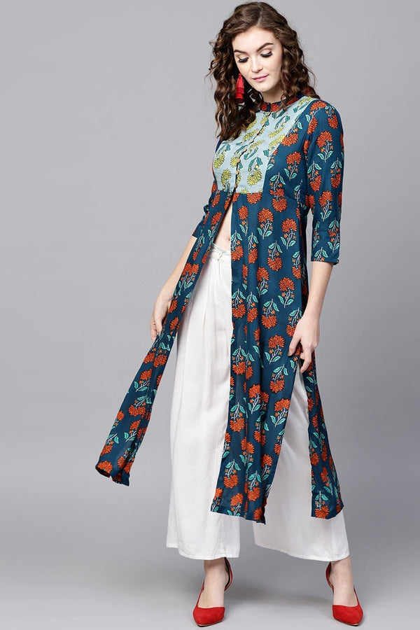 Women's Blue Floral Front & Side Slit Kurta - SHAE