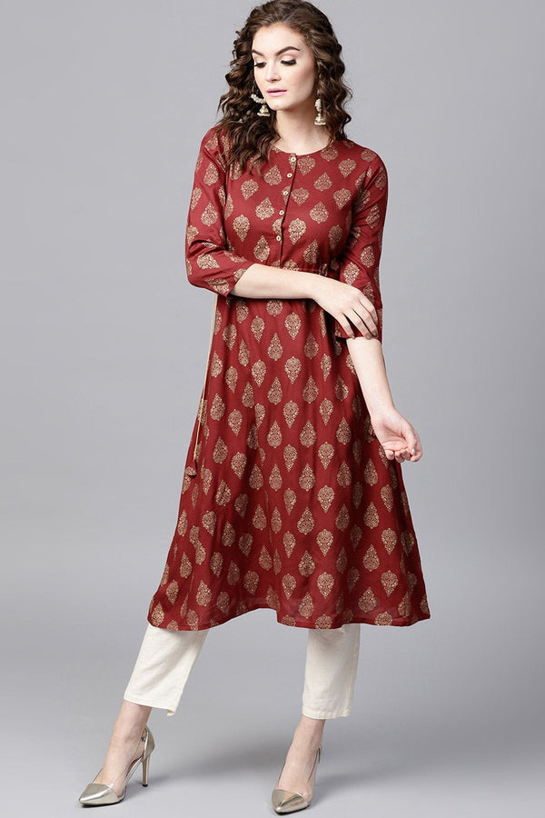 Women's Maroon Foil Side Tie-Up Kurta - SHAE