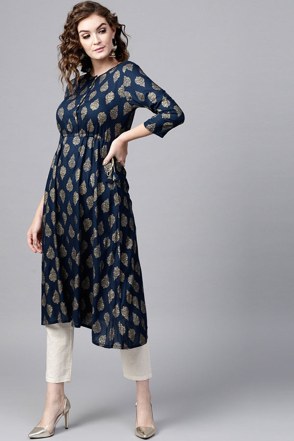 Women's Navy Foil Side Tie-Up Kurta - SHAE