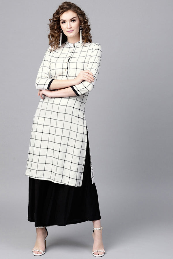 Women's White Check Straight Kurta - SHAE