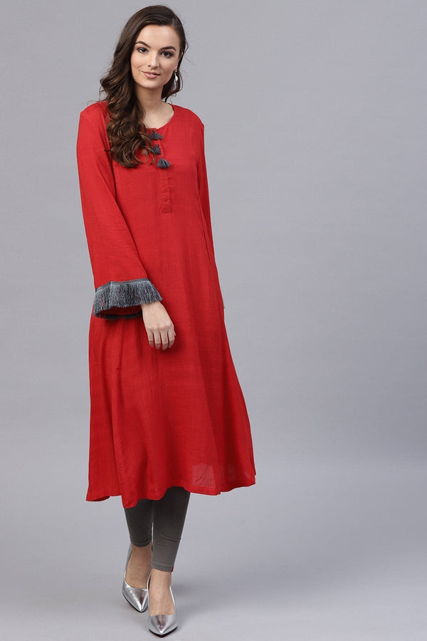 Women's Red Fringed Sleeves Kurta - SHAE