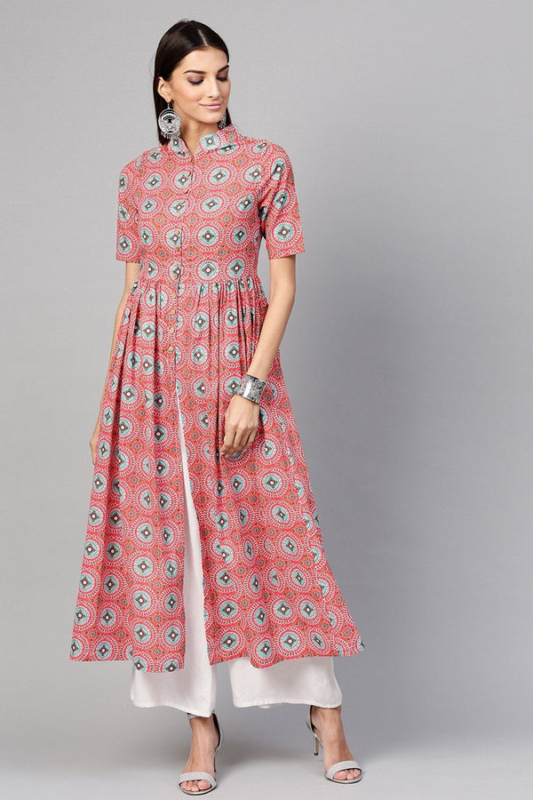 Women's Pink Floral Front Slit Gathered Kurta - SHAE