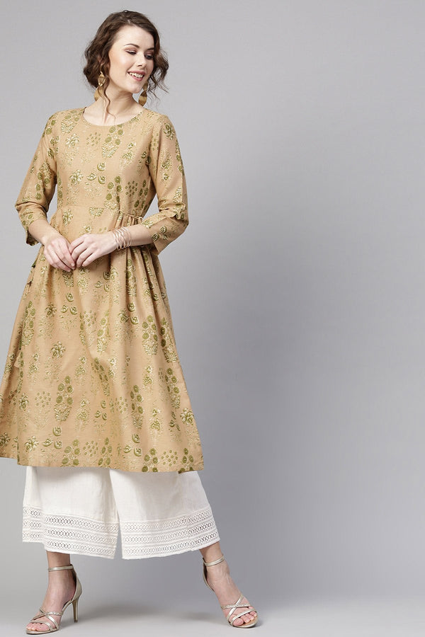 Women's Golden Beige Floral Side Tie-Up Kurta - SHAE