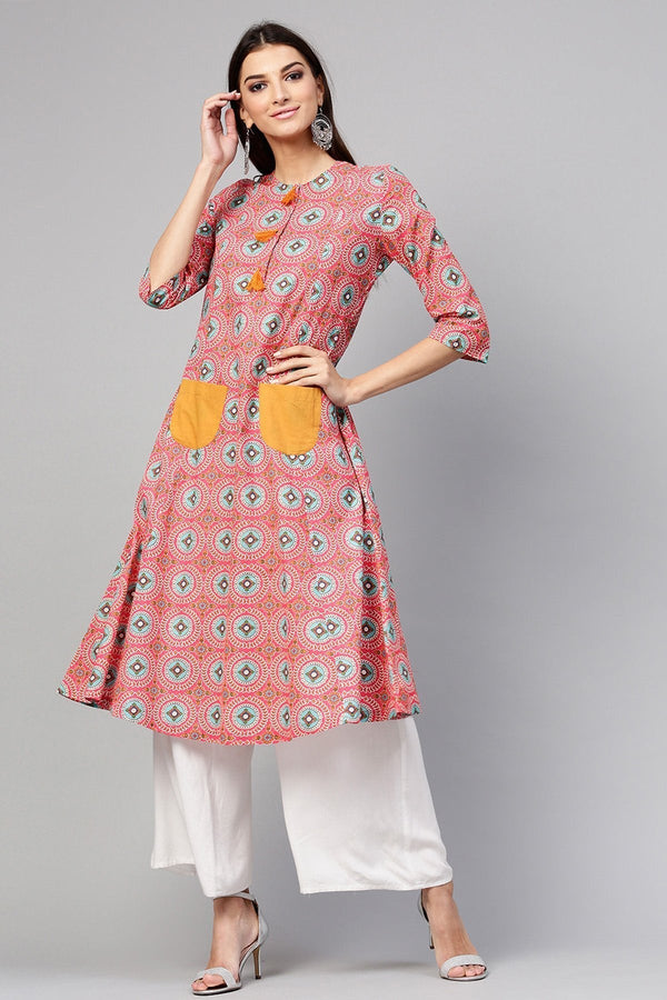 Women's Pink Floral A-Line Pocket Kurta - SHAE