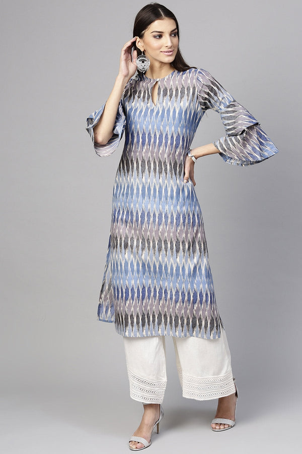 Women's Blue Ikat Straight Frill Sleeves Kurta - SHAE