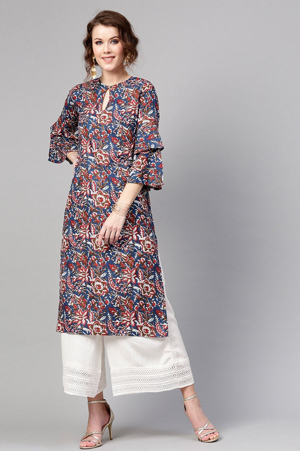 Women's Navy Red Floral Straight Frill Sleeves Kurta - SHAE