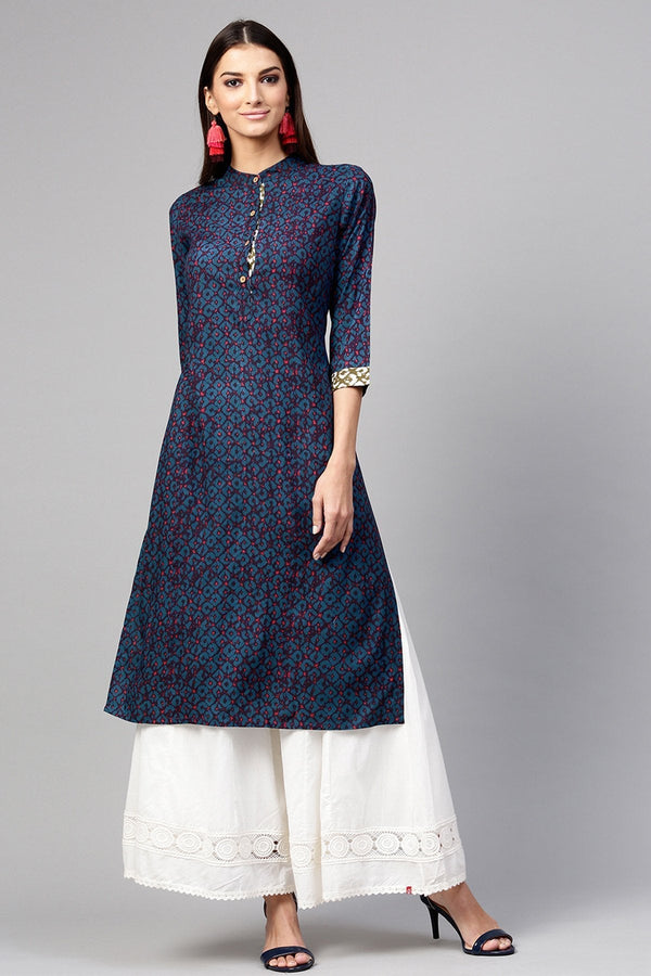 Women's Navy Geo Print Straight Kurta - SHAE