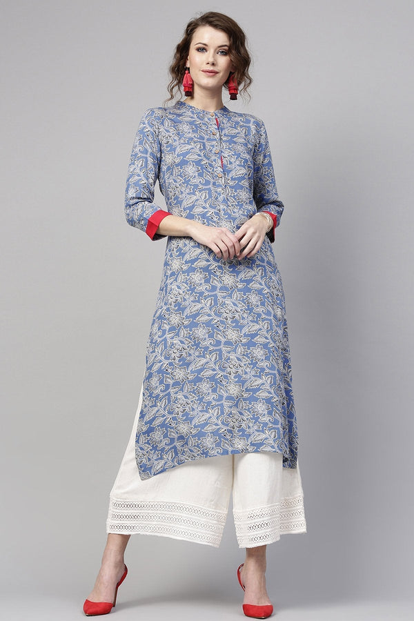 Women's Blue Floral Straight Kurta - SHAE