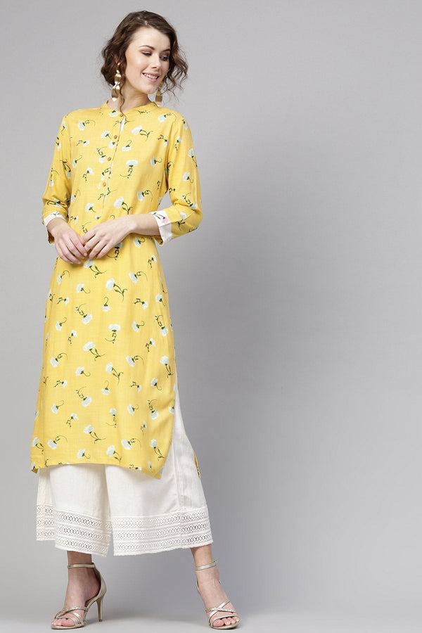 Women's Yellow Blue Floral Straight Kurta - SHAE