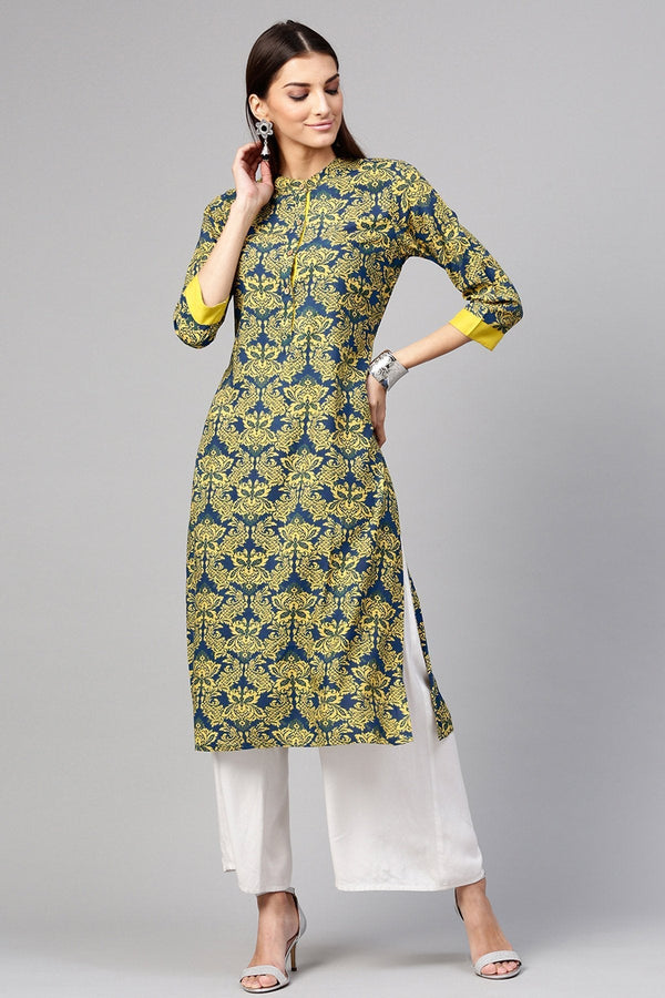 Women's Navy Yellow Floral Straight Kurta - SHAE