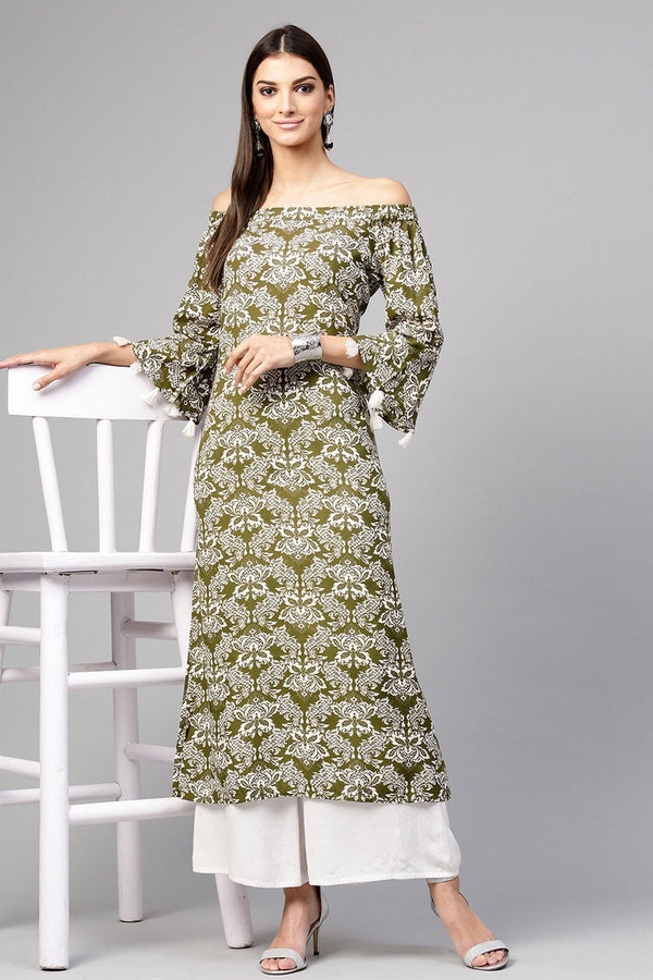 Women's Olive Floral Off Shoulder Straight Kurta - SHAE