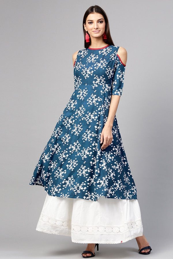 Women's Navy Ditsy Floral Cold Shoulder Anarkali - SHAE