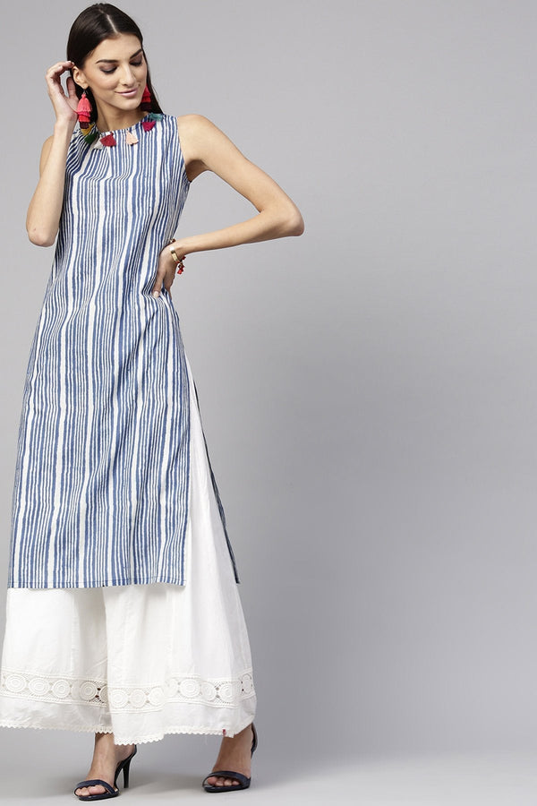 Women's Indigo Stripe Sleeveless Straight Kurta - SHAE