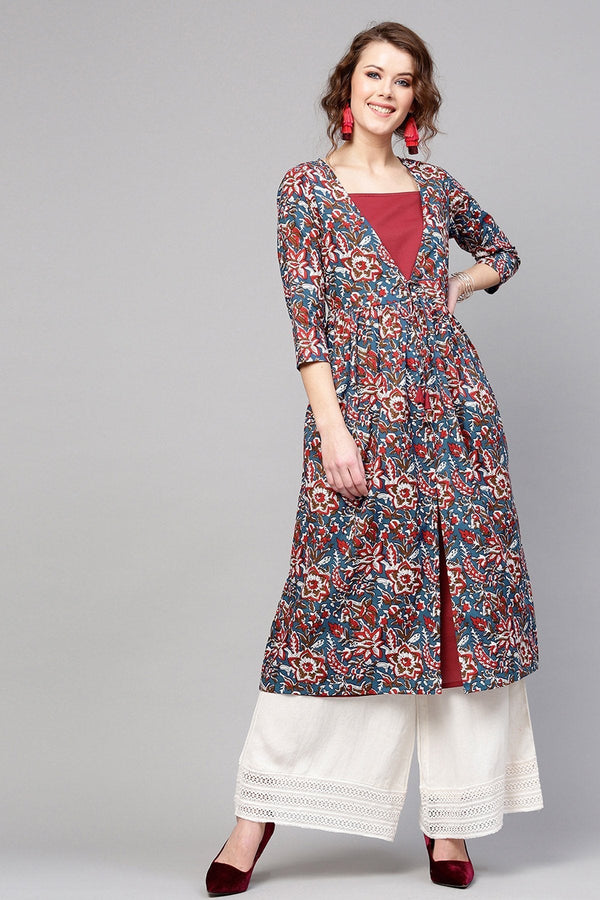 Women's Navy Red Floral Mock Shrug Kurta - SHAE