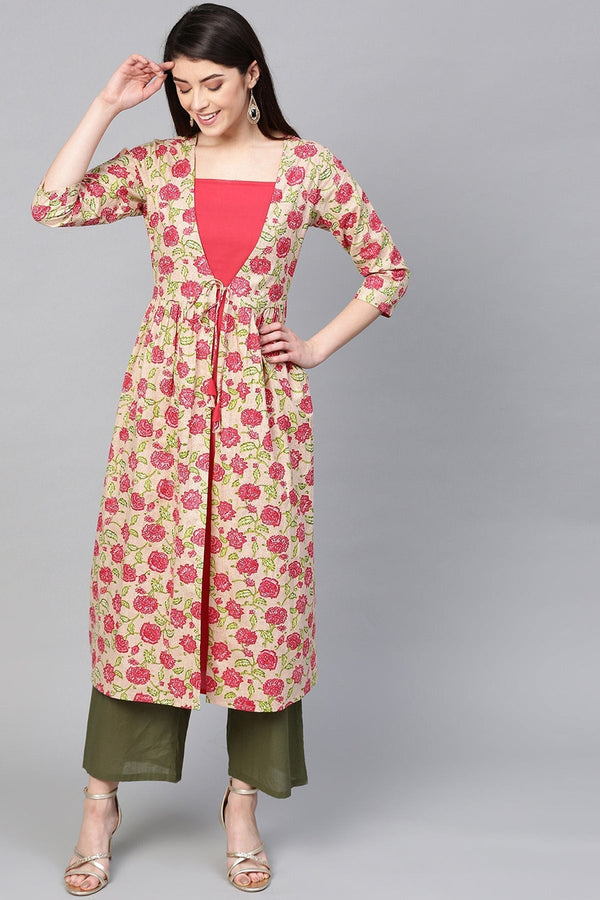 Women's Beige Pink Floral Mock Shrug Kurta - SHAE