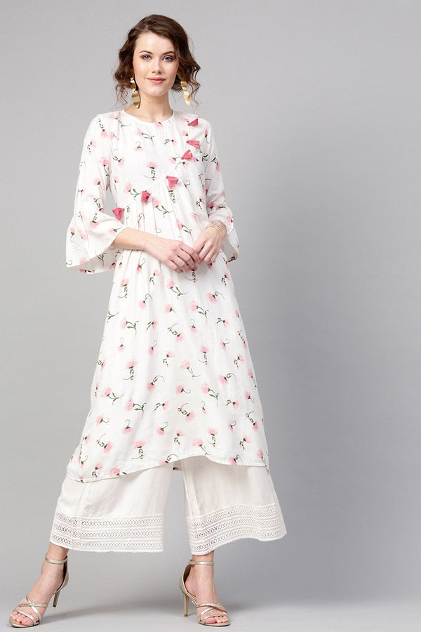 Women's White Floral Front Tassel Kurta - SHAE