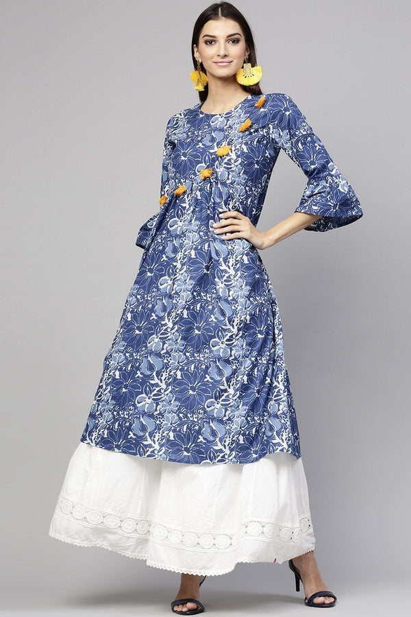 Women's Indigo Floral Front Tassel Kurta - SHAE