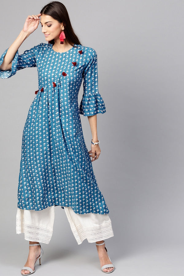 Women's Dark Indigo Floral Front Tassel Kurta - SHAE