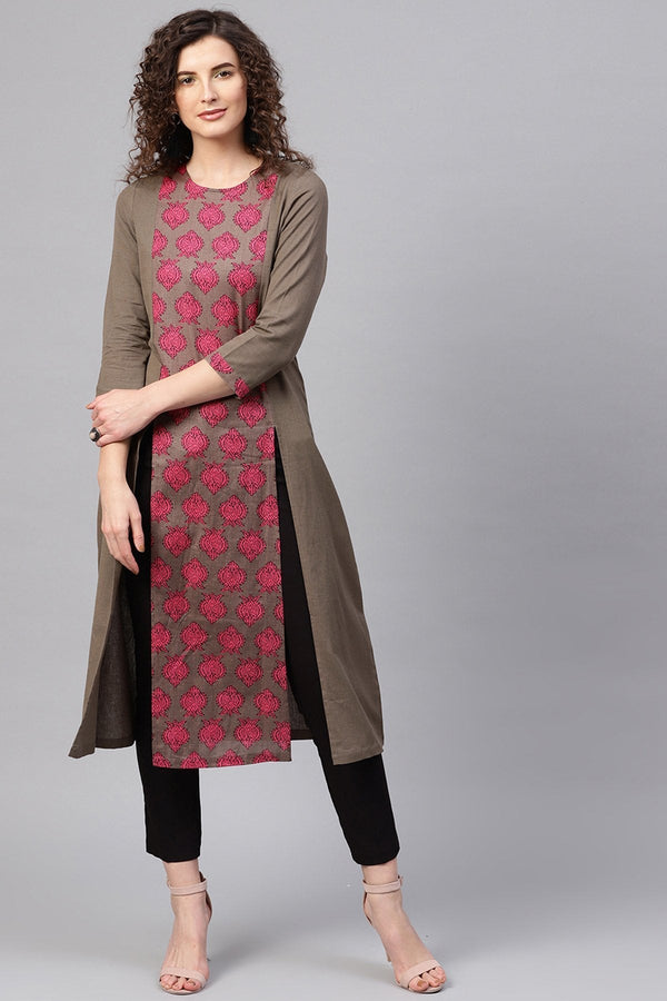 Women's Brown & Pink Big Booti Front Slit Kurta - SHAE