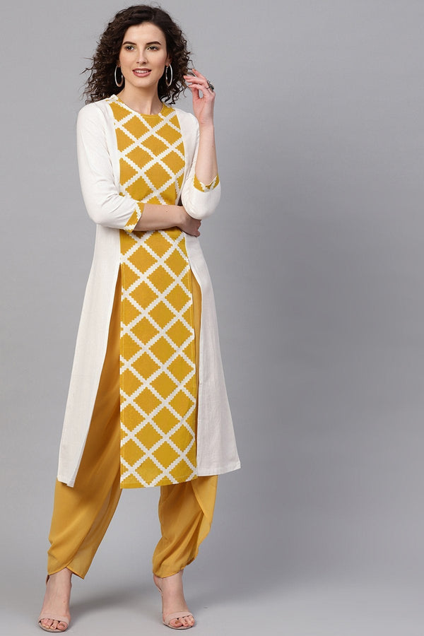 Women's Yellow & White Diamond Front Slit Kurta - SHAE