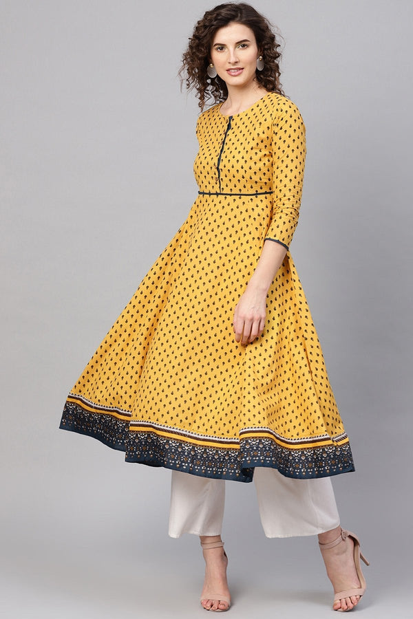 Women's Yellow & Navy Booti Anarkali - SHAE