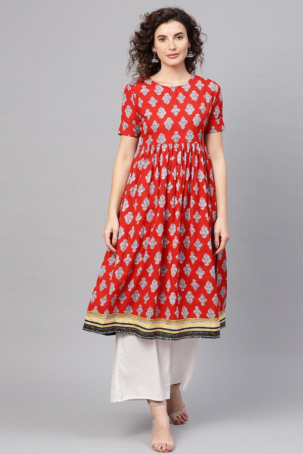 Women's Red Floral Gathered Waist Kurta - SHAE