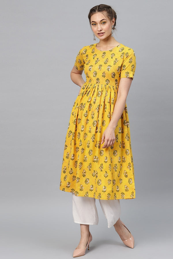 Women's Yellow Mughal Floral Gathered Waist Kurta - SHAE