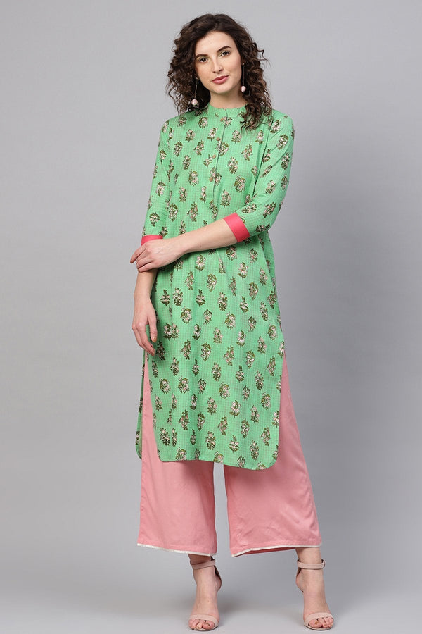 Women's Green Mughal Floral Straight Kurta - SHAE