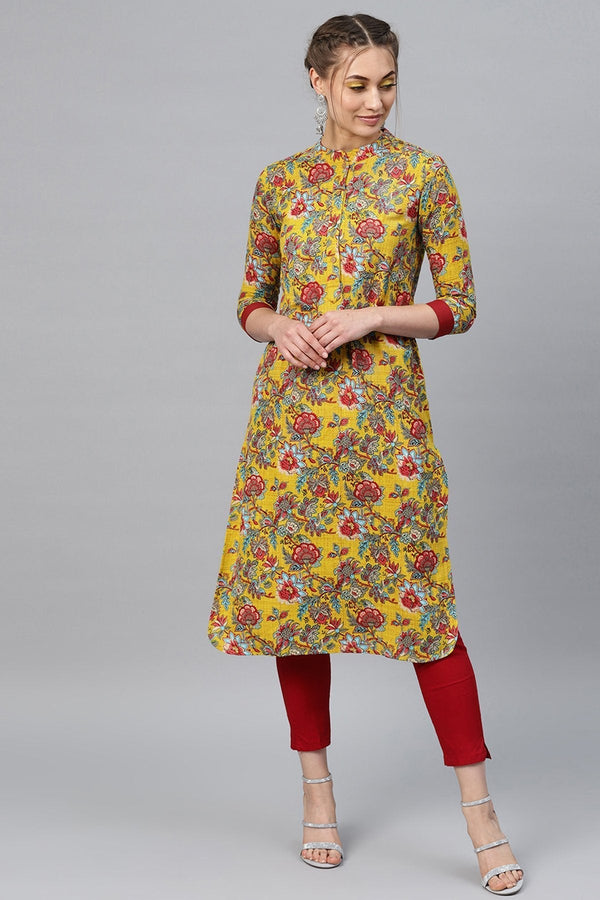 Women's Yellow & Red Floral Straight Kurta - SHAE