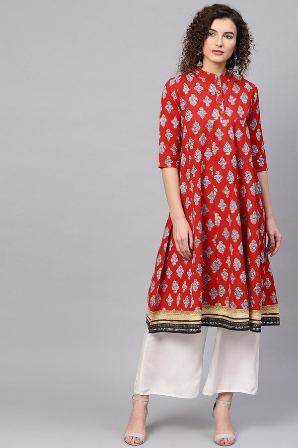 Women's Red Floral Empire Seam Kurta - SHAE