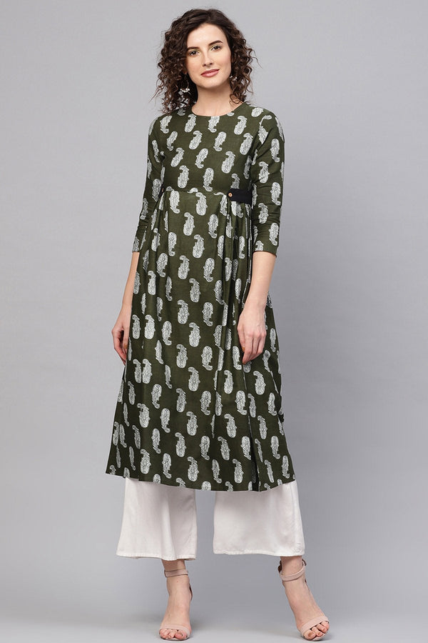 Women's Olive Paisley Side Tab Kurta - SHAE