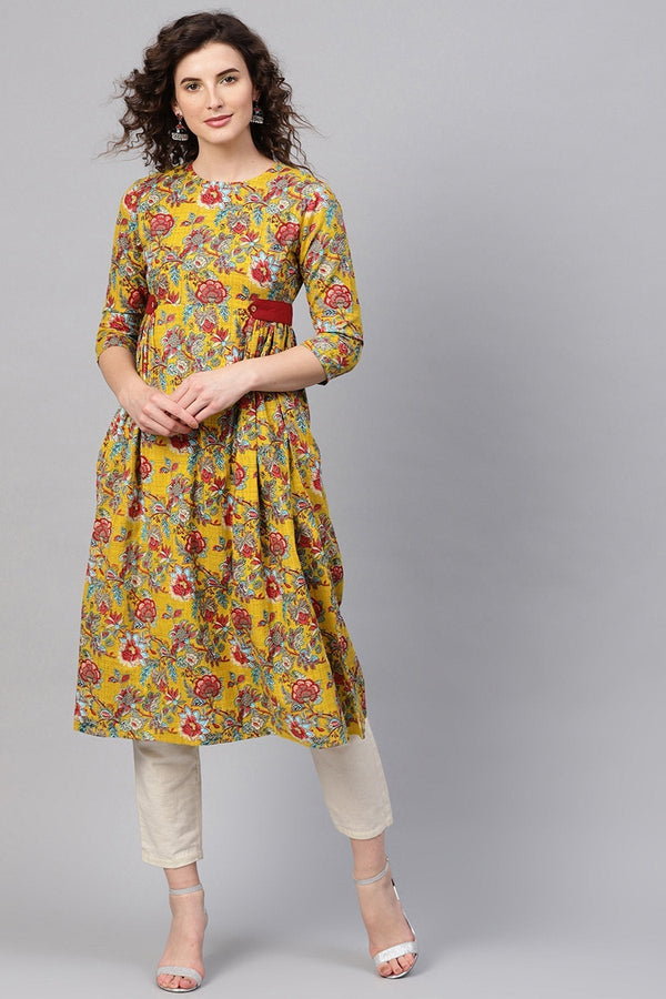 Women's Yellow & Red Floral Side Tab Kurta - SHAE