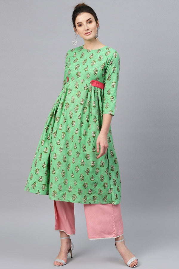 Women's Green Mughal Floral Side Tab Kurta - SHAE